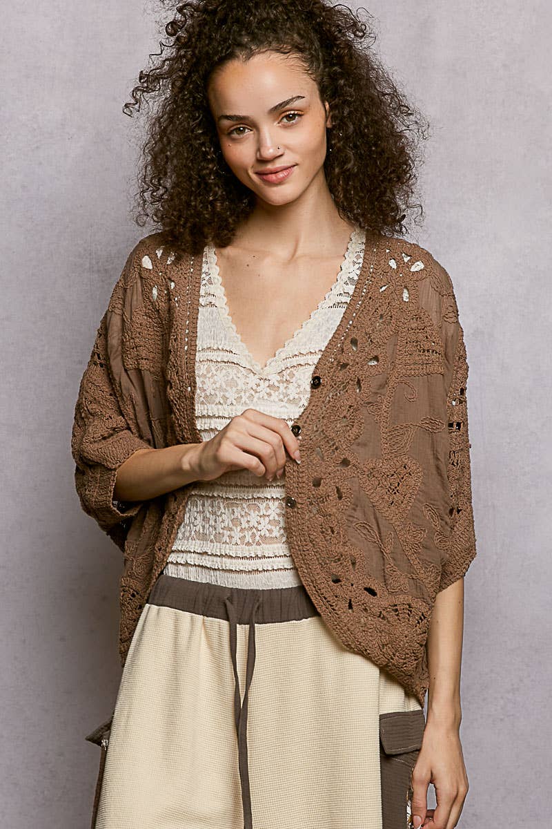 Batwing Sleeve Button Down Solid Crochet Cardigan Top