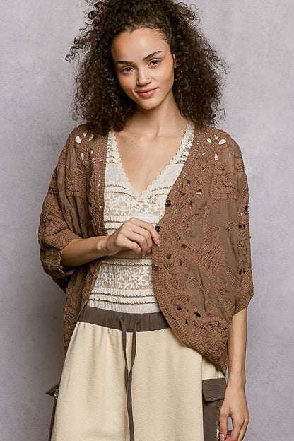 Batwing Sleeve Button Down Solid Crochet Cardigan Top