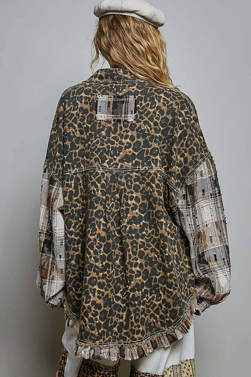 Leopard and Plaid Pattern Raw-Edge Fringe Trim Shirt Jacket