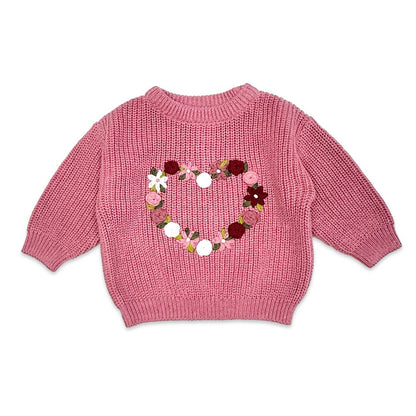 French Rose Heart Embroidered Slouchy Sweater Cardigan