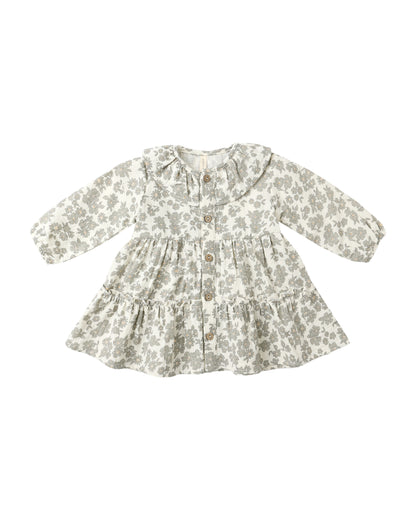 Green Floral Ruffle Collar Buttoned Dress
