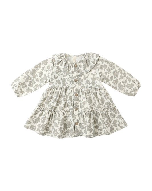 Green Floral Ruffle Collar Buttoned Dress