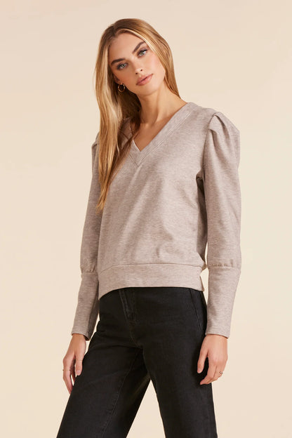 Puff Sleeve V-Neck Sweatshirt - Tan