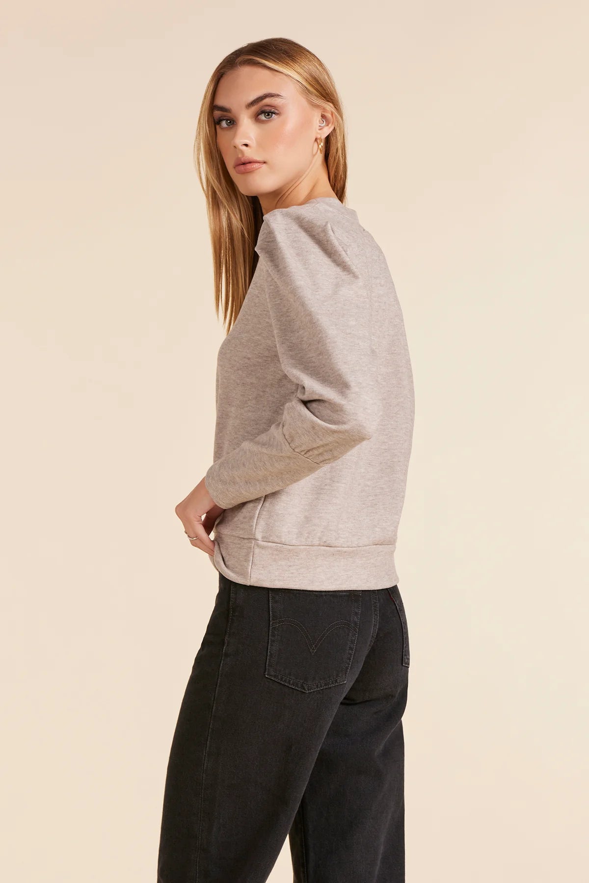 Puff Sleeve V-Neck Sweatshirt - Tan