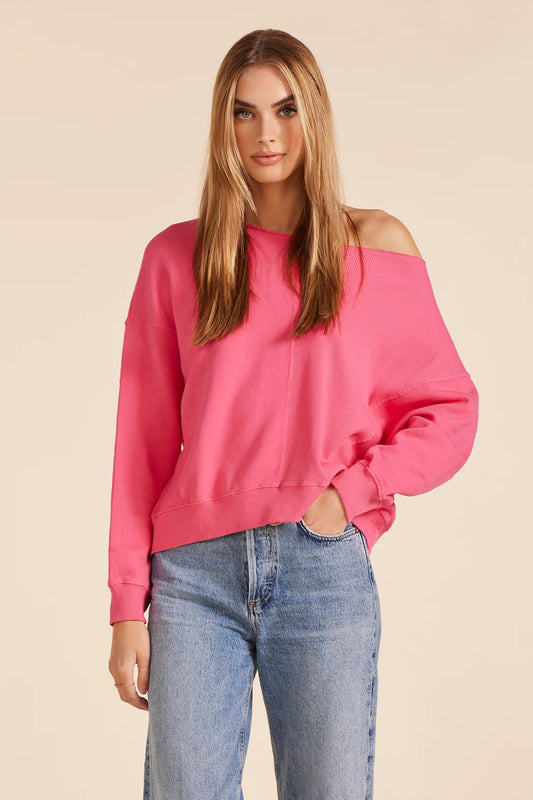 Rib Mix Boatneck Sweatshirt - Hot Fuchsia