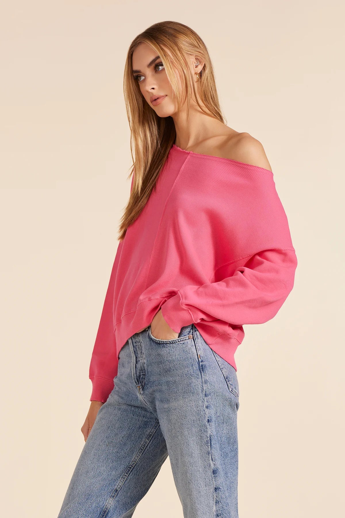 Rib Mix Boatneck Sweatshirt - Hot Fuchsia