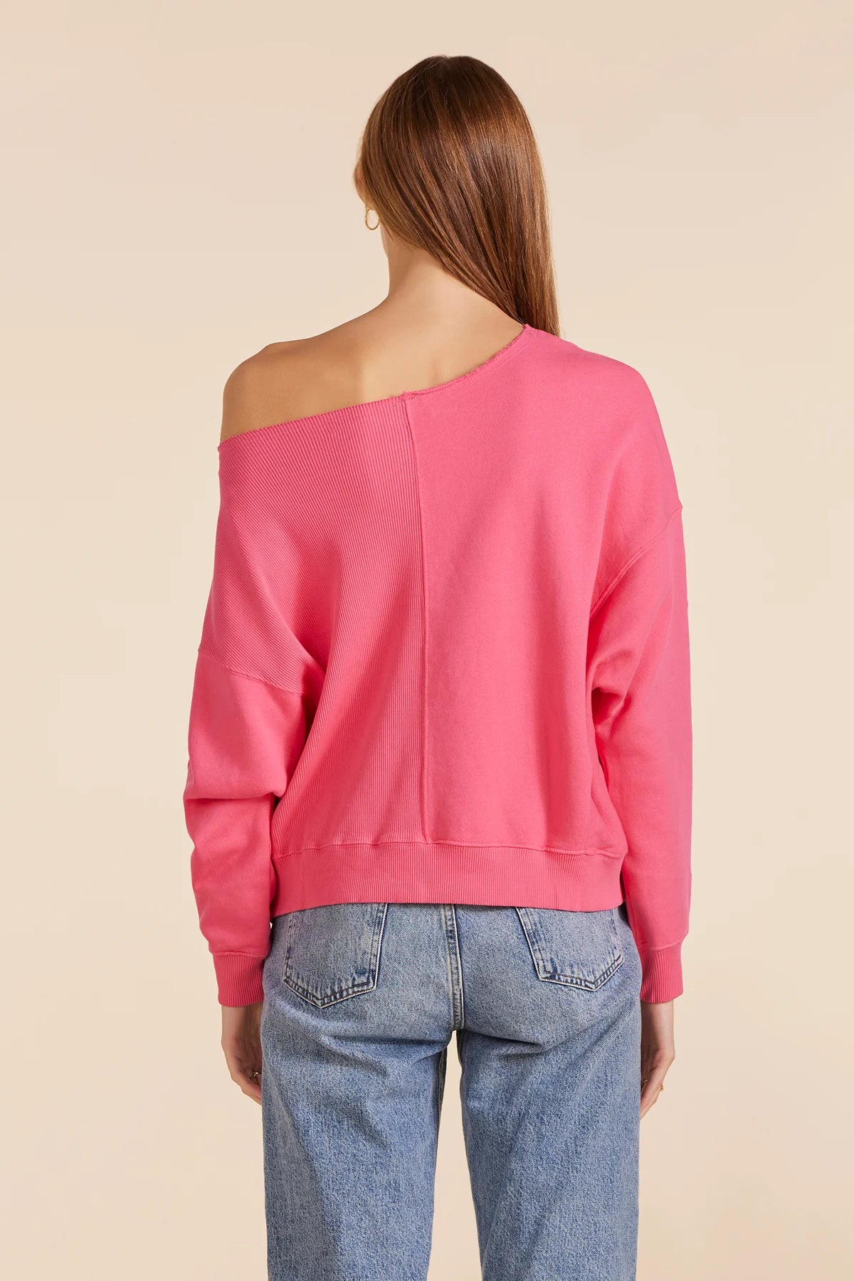 Rib Mix Boatneck Sweatshirt - Hot Fuchsia