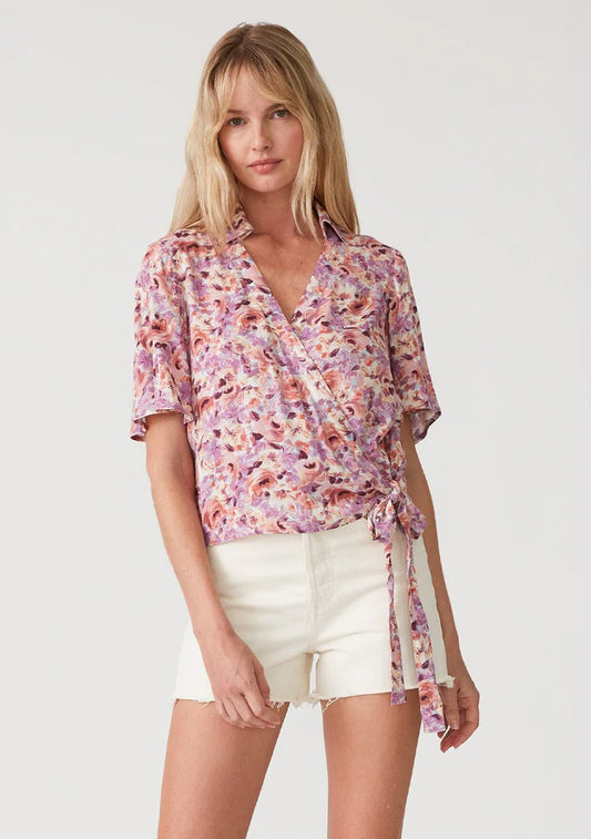 Lovestitch Floral Flutter Sleeve Collared Wrap Top