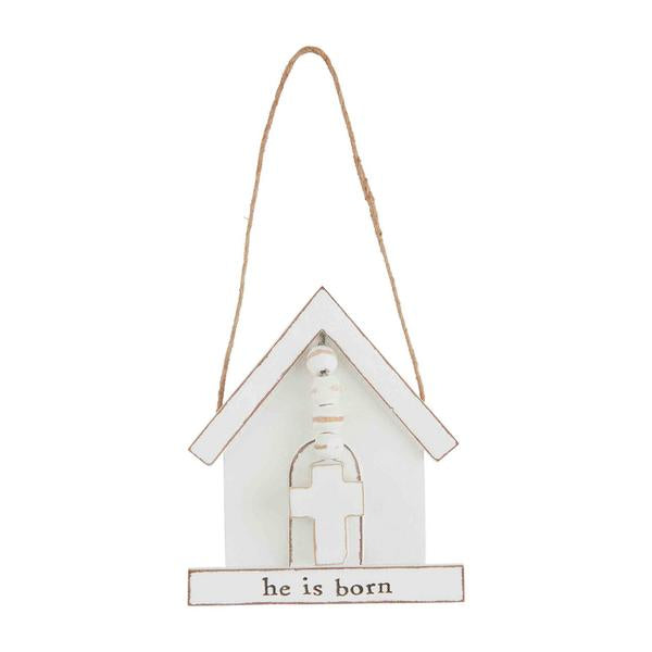 He Is Born White Church Ornament