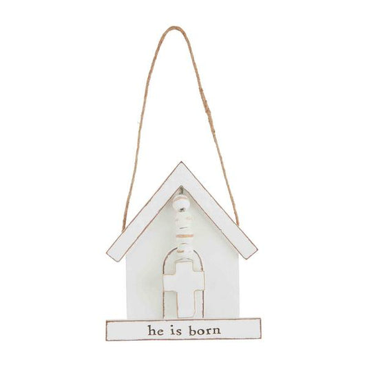 He Is Born White Church Ornament