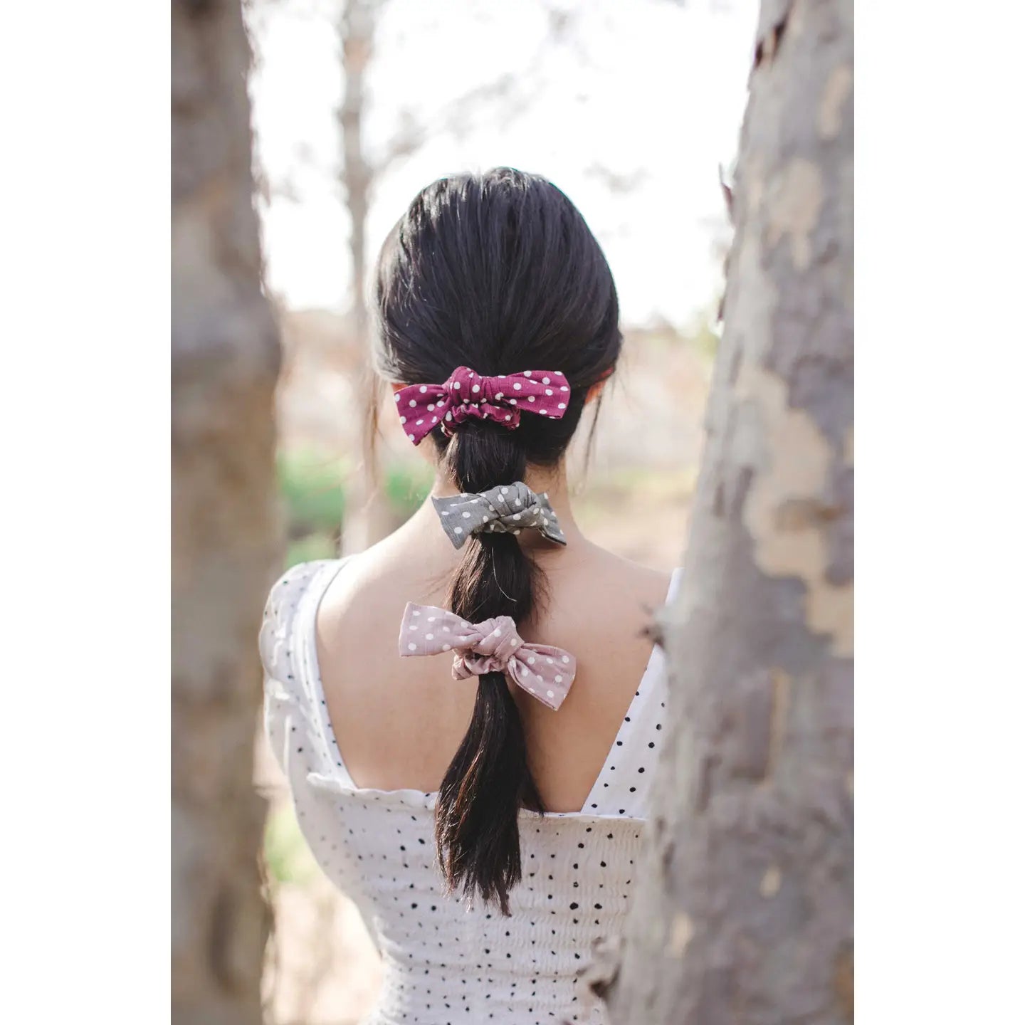 Magenta Dot Linen Bow Scrunchie