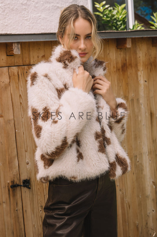 Cow Print Cropped Jacket Faux Fur