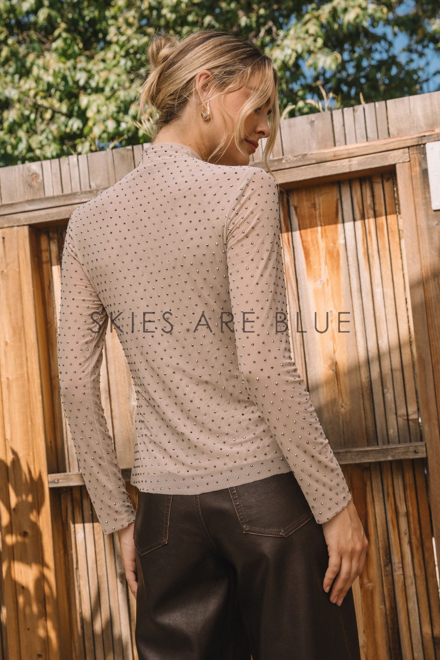 Embellished Beige Mesh Mock