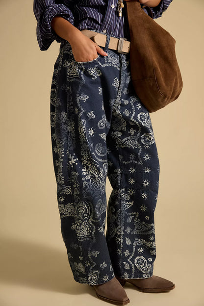Navy Bandana Printed Good Luck Barrel Jeans