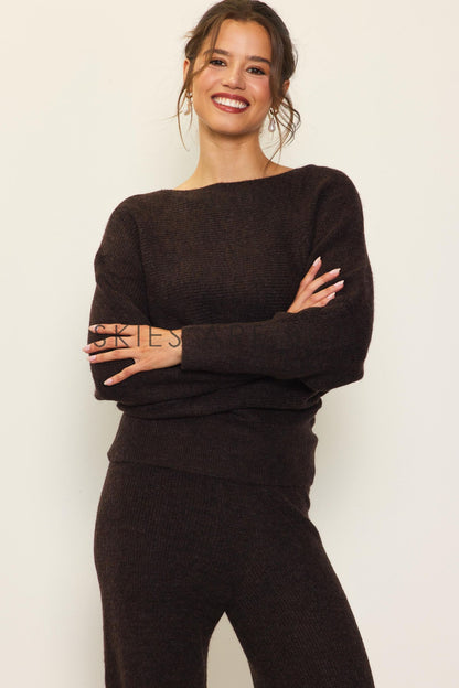 Espresso Rib Knit Off Shoulder Top