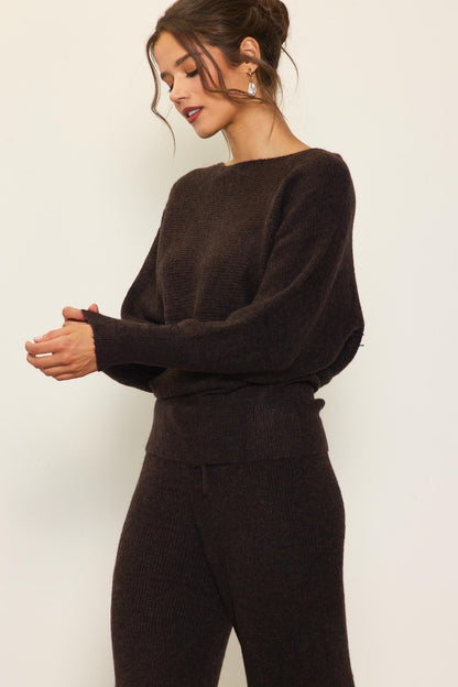 Espresso Rib Knit Off Shoulder Top