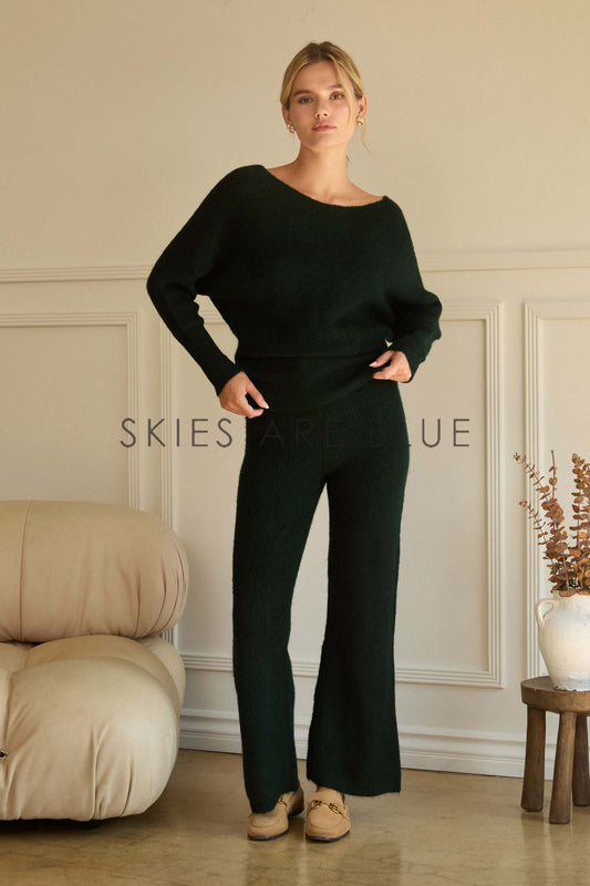 Hunter Green Rib Knit Off Shoulder Top