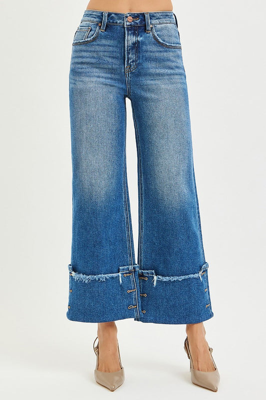 Button Cuff Detail Wide Leg Jeans