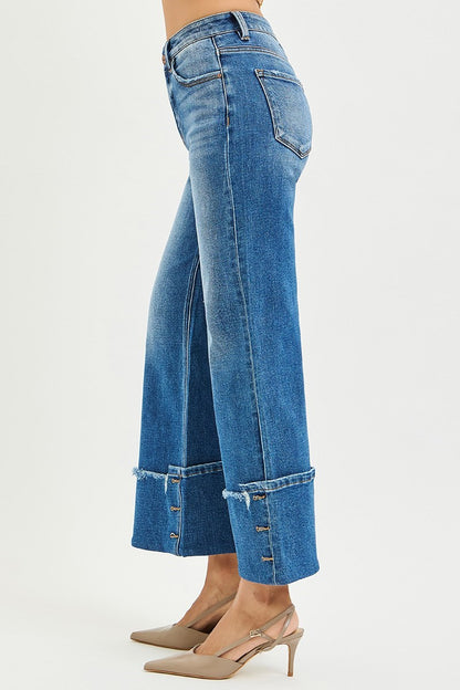 Button Cuff Detail Wide Leg Jeans