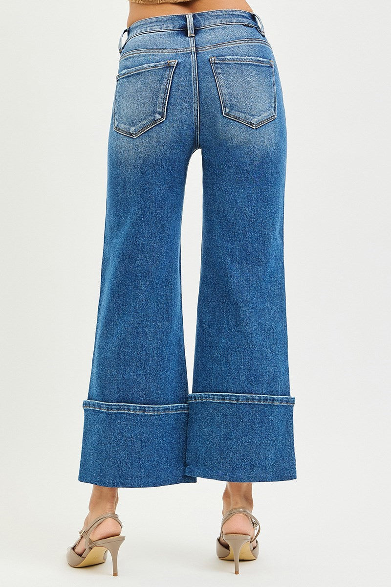 Button Cuff Detail Wide Leg Jeans