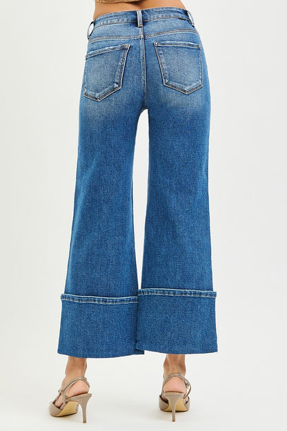 Button Cuff Detail Wide Leg Jeans