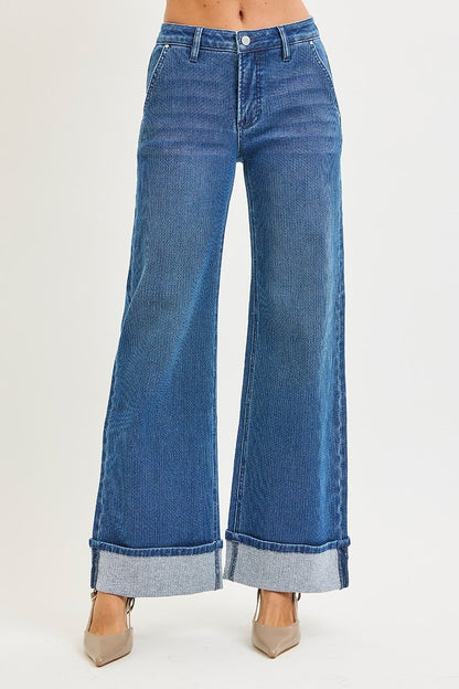 Wide Leg Cuffed Jeans