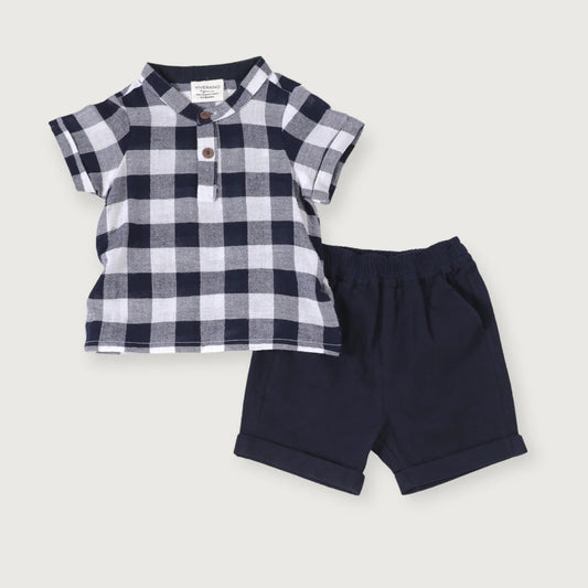 Adam Navy Gingham Shirt & Shorts Set