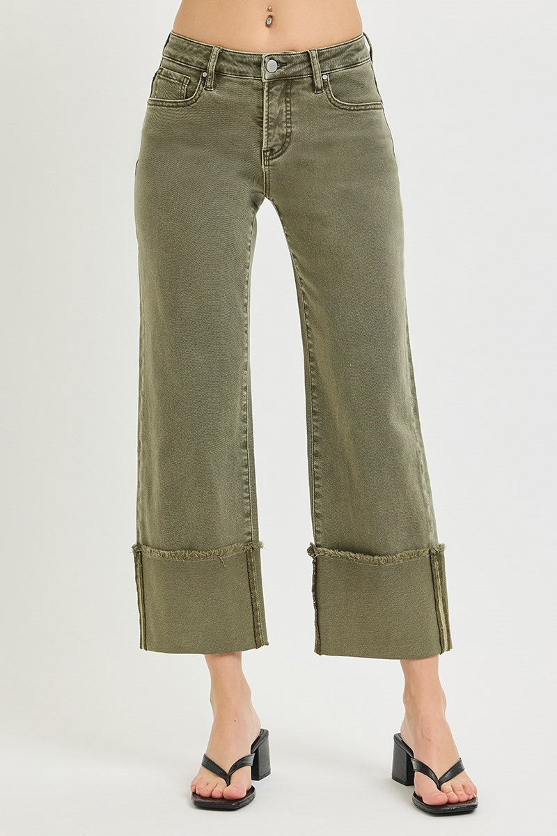 Mid Rise Crop Wide Leg Cuff Tummy Control
