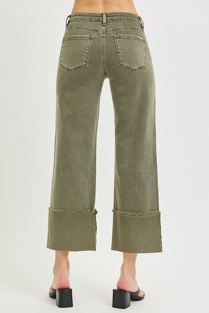 Mid Rise Crop Wide Leg Cuff Tummy Control