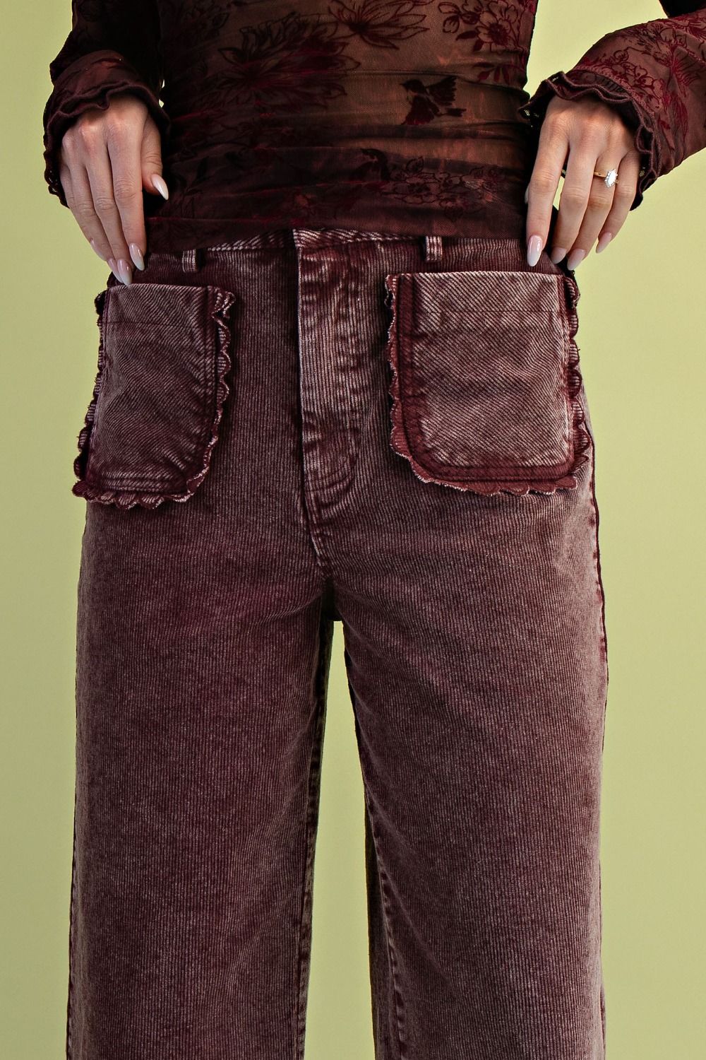 Front Ruffle Pocket Cropped Corduroy Wide Leg in Mulberry