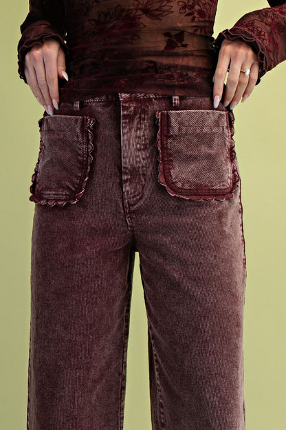 Front Ruffle Pocket Cropped Corduroy Wide Leg in Mulberry