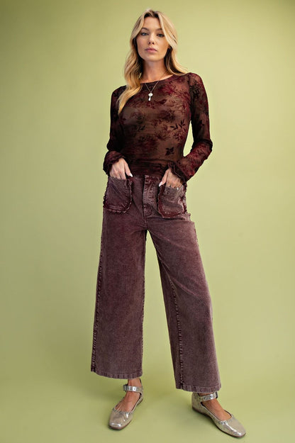 Front Ruffle Pocket Cropped Corduroy Wide Leg in Mulberry