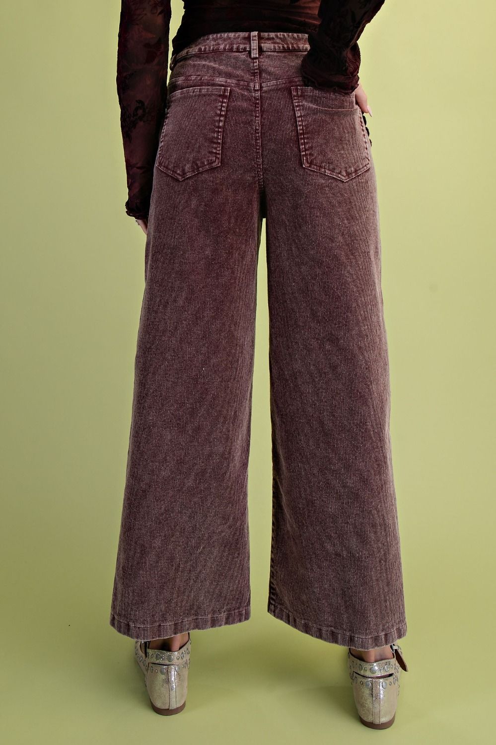 Front Ruffle Pocket Cropped Corduroy Wide Leg in Mulberry
