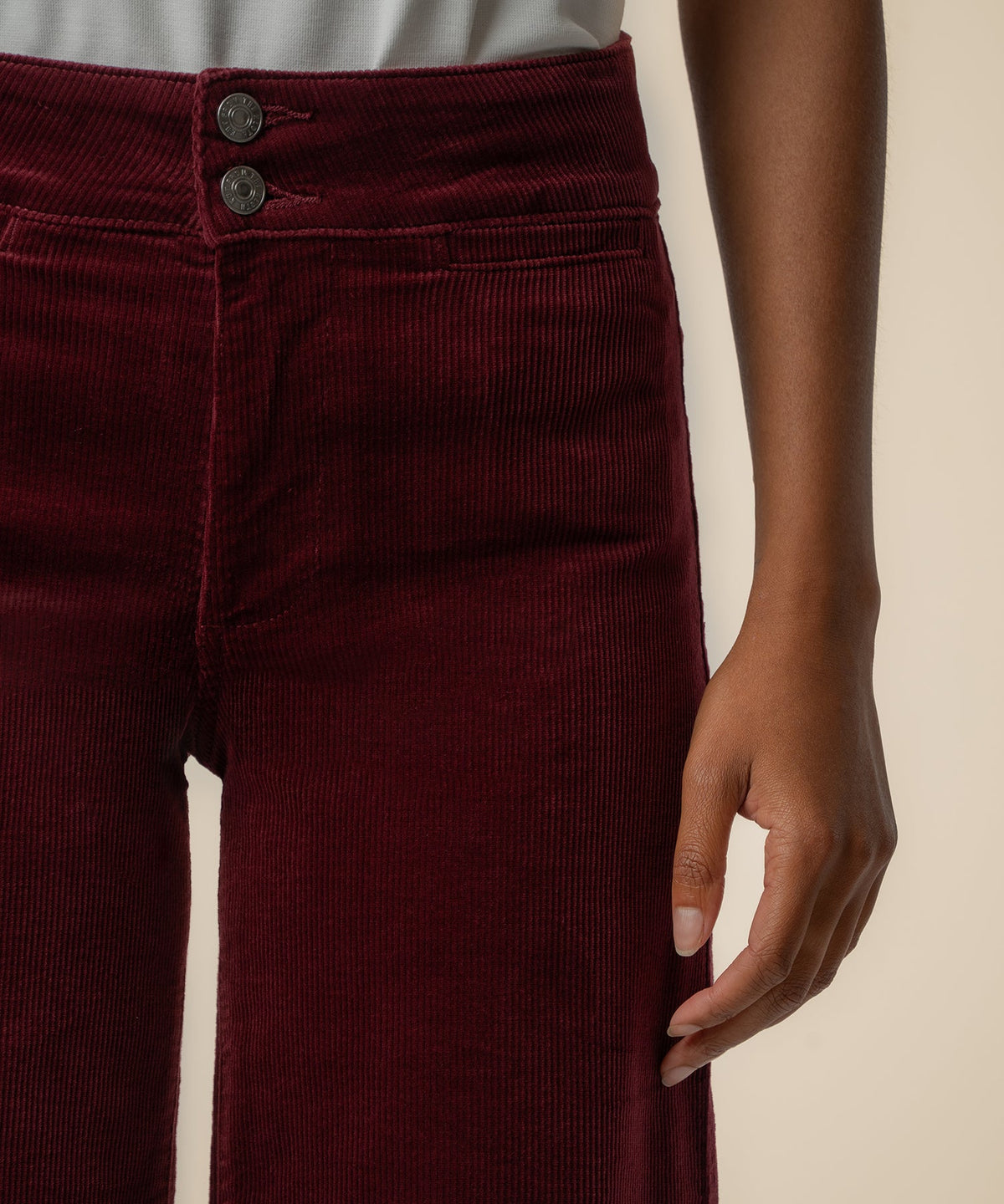 Meg Corduroy Wide Leg Pant in Dark Cherry, close-up view