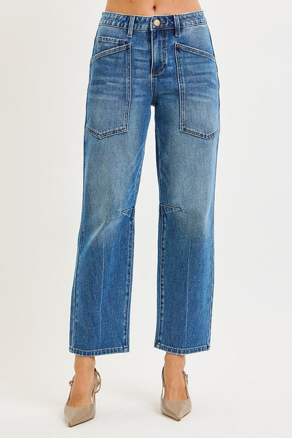 4 WAY STRETCH MID RISE BARREL LEG JEANS WITH PATCH POCKET DETAIL