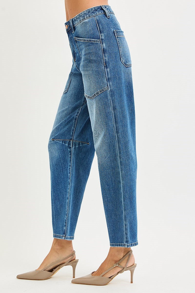 4 WAY STRETCH MID RISE BARREL LEG JEANS WITH PATCH POCKET DETAIL