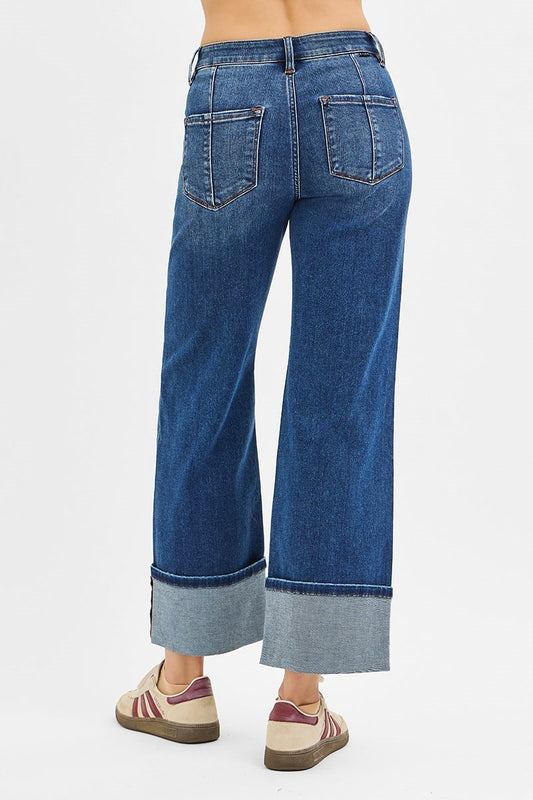 Wide Straight Cuffed Crop Jeans