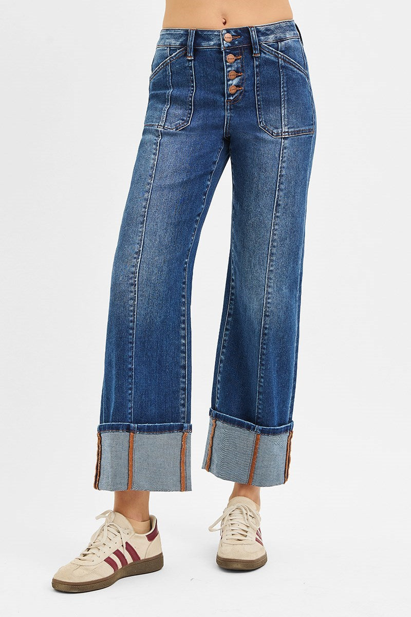 Wide Straight Cuffed Crop Jeans