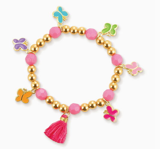 Girl Nation Butterfly Kaleidoscope Beaded Bracelet with Pink Tassel