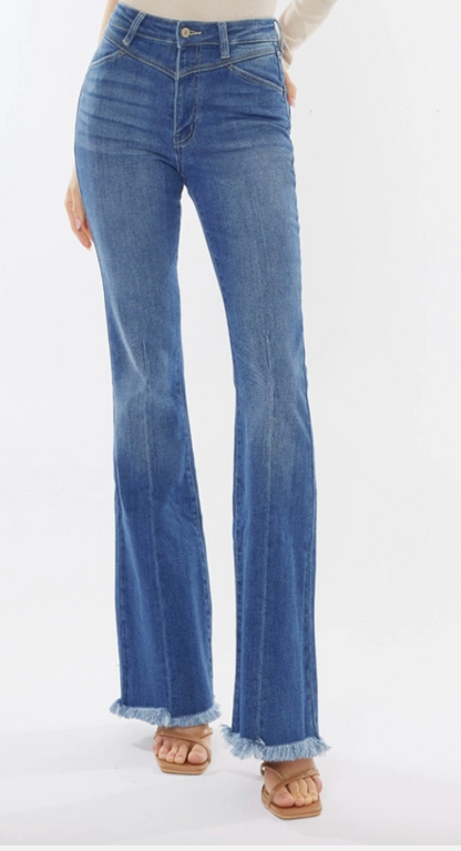 Kancan High Rise Frayed Hem Flare Jean