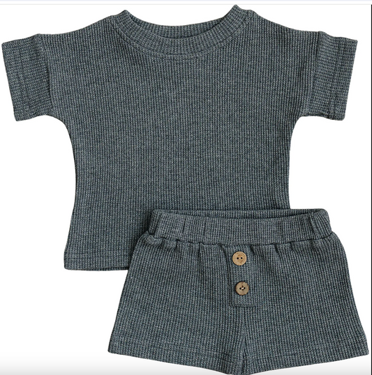 Mebie Baby Charcoal Waffle Button Short Set