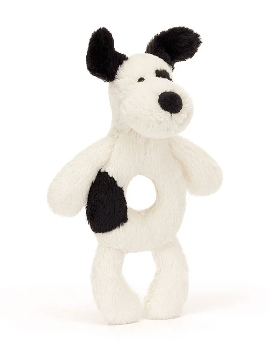 Jelly Cat Bashful Black & Cream Puppy Ring Rattle