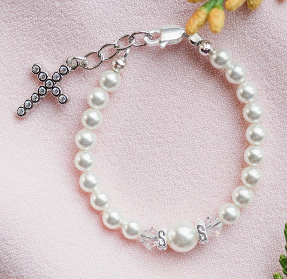 Cherished Moments Sterling Silver Pearl Cross Baptism Gift Communion Bracelet