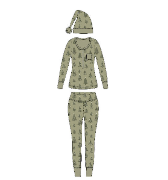 Woman's Holiday Thermal PJ & Cap Set-Twinkle Tree
