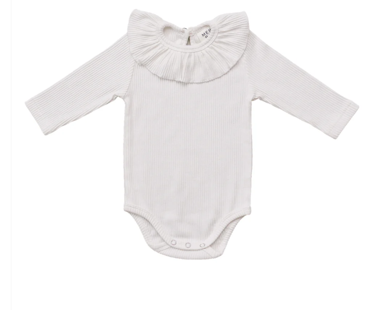 White Ribbed Ruffle Bodysuit