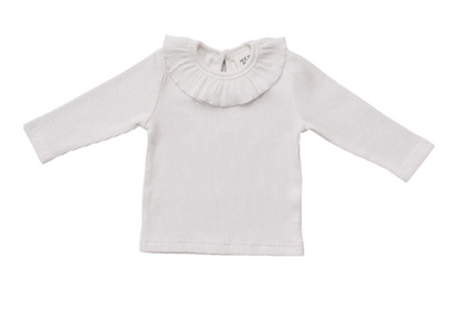 White Ribbed Ruffle Long Sleeve Top