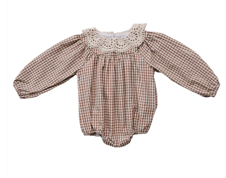 Camel Gingham Lace Bubble Romper