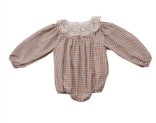 Camel Gingham Lace Bubble Romper