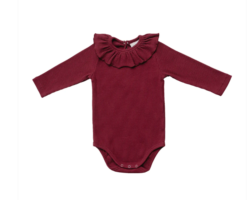 Burgundy Ribbed Ruffle Bodysuit