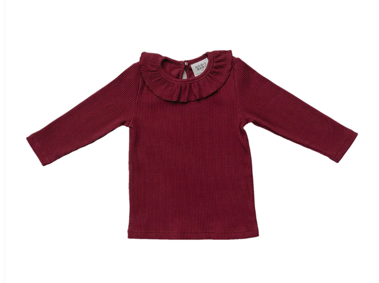 Burgundy Ribbed Ruffle Long Sleeve Top
